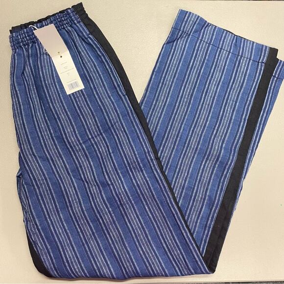 Tory Burch Pants 100% Linen Blue Striped Front Solid Back Relaxed Fit Pocket NWT - Picture 2 of 7